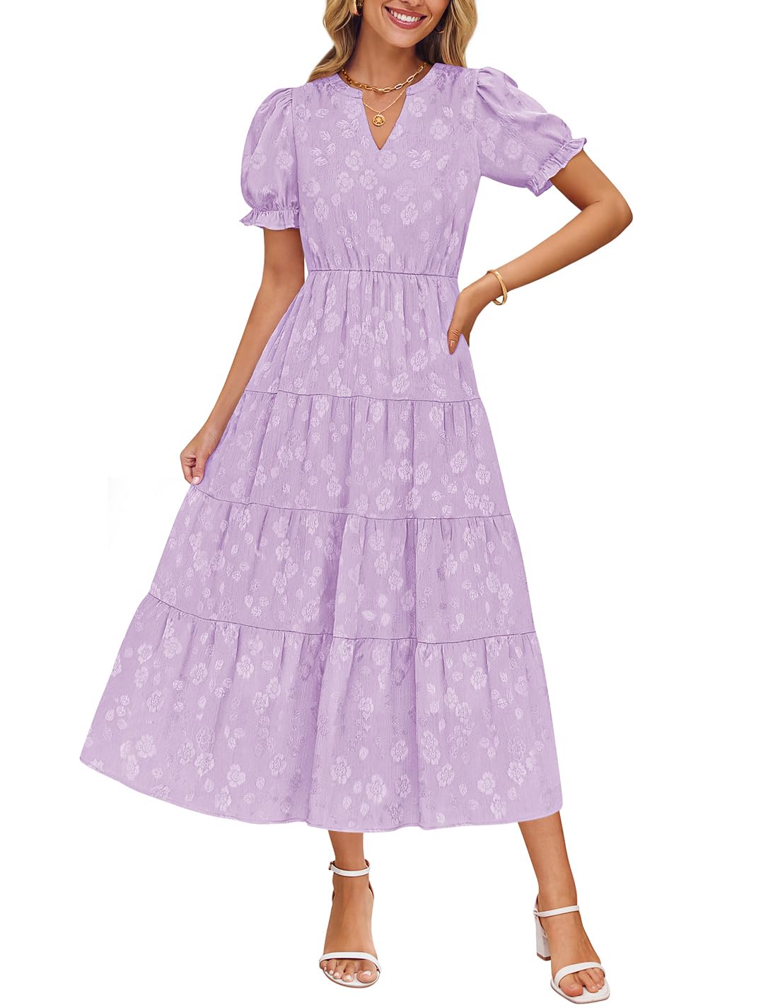 ZESICA Women's Summer Puff Sleeve Midi Floral V Neck Textured Ruffle Dress for Beach Parties
| ZESICA Women's 2025 Summ
