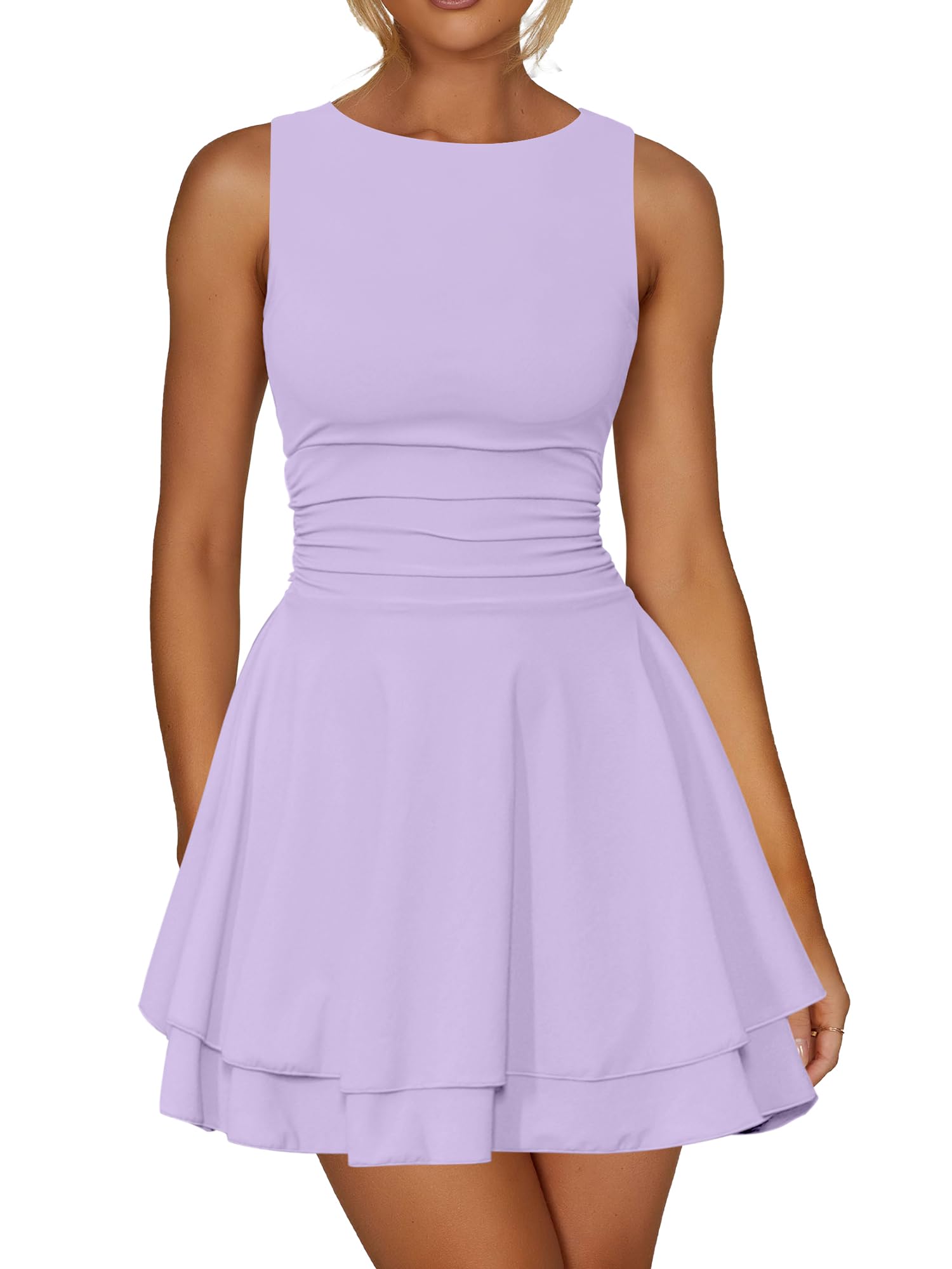 Kaximil Women's Mini Dress Sleeveless Ruched Corset Short Party Dresses with Ruffle Hem Boat Neck