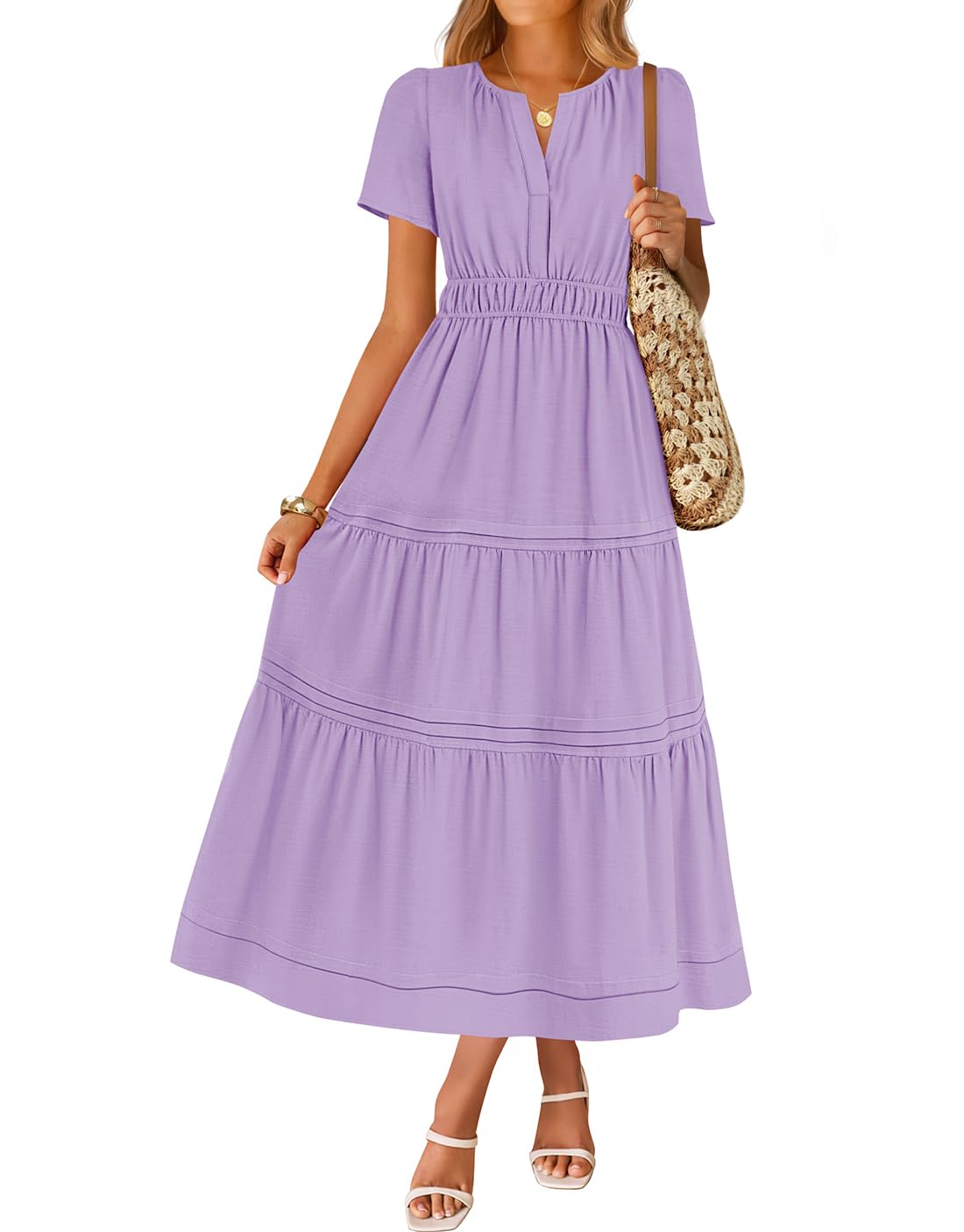 ZESICA Women's Summer Casual Midi Dresses 2025 Short Sleeve V Neck Elastic Waist Elegant Boho Flowy Long Dress
| ZESICA