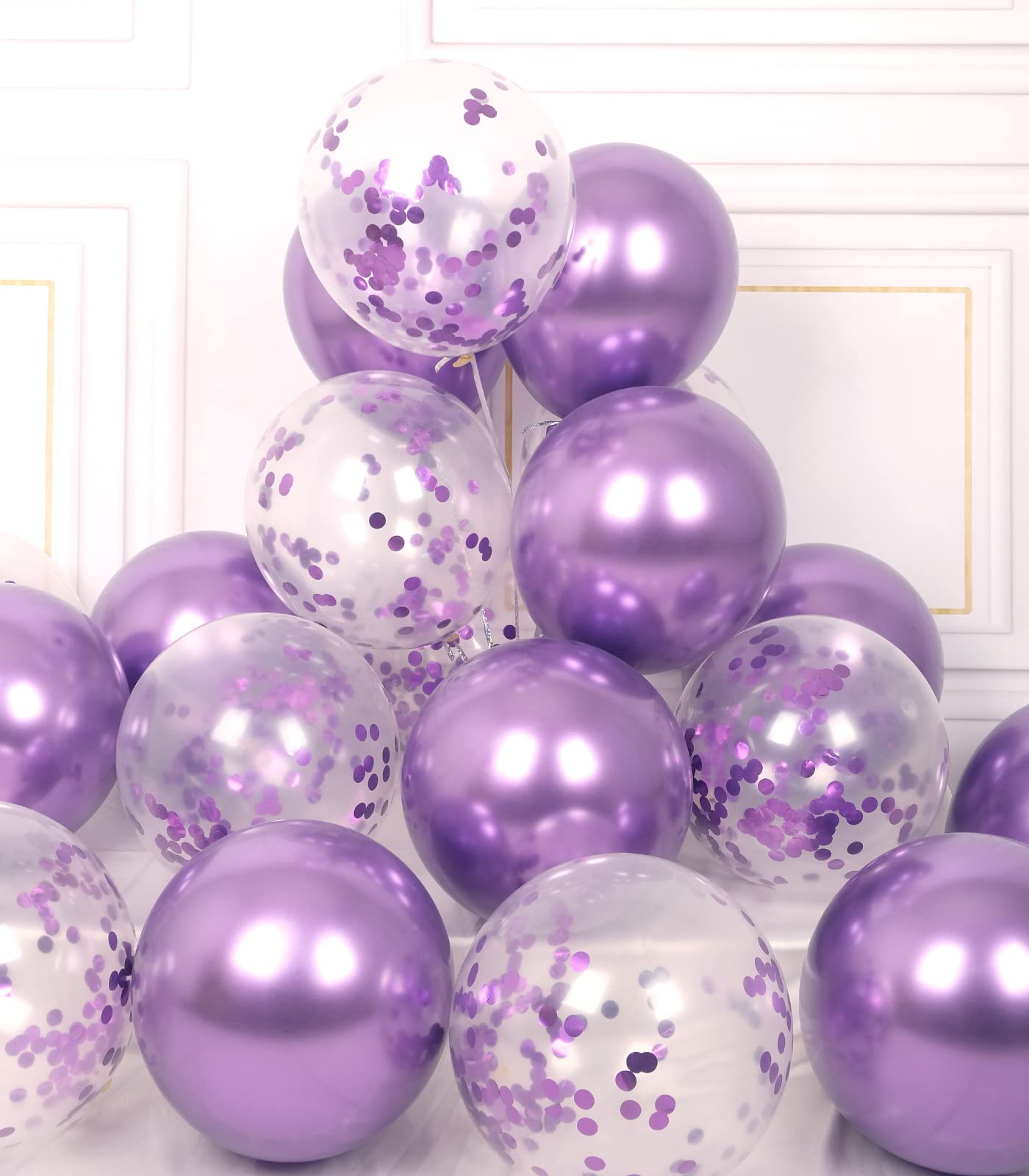 AULE Purple Metallic Balloons & Confetti Decorations - 12 Inch Party Balloons Pack of 42 & 64ft Ribbons