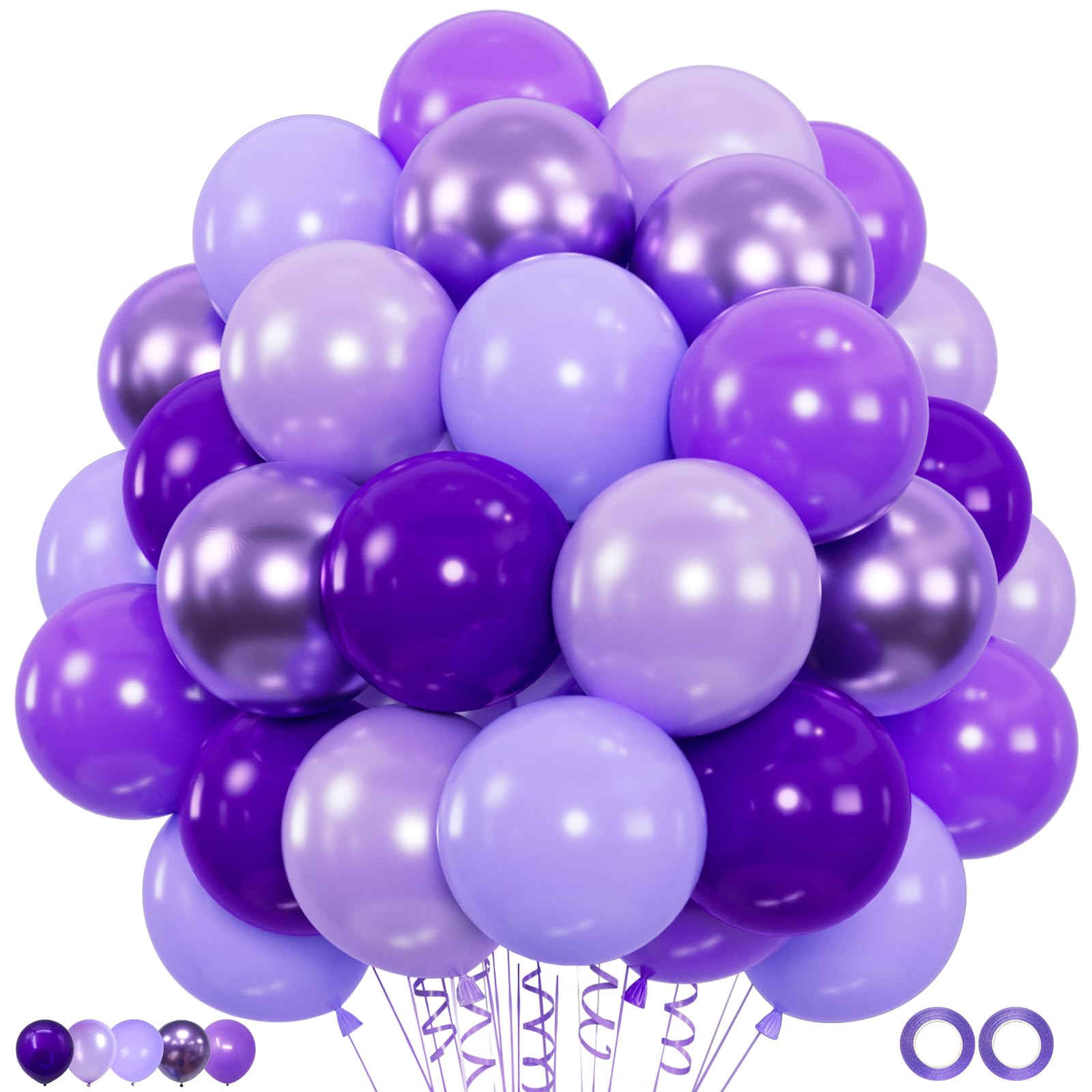 100pcs Purple Balloon Set for Birthday Parties and Weddings | 12-Inch Metallic Chrome, Pearl, Lavender Lilac & Light Pu